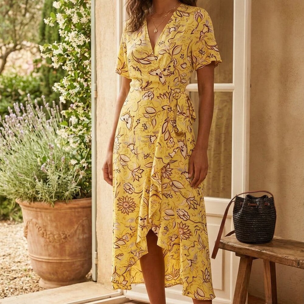 The Kooples Paris Yellow Floral Silk Dress Asymmetrical Ruffle Small NWT $320